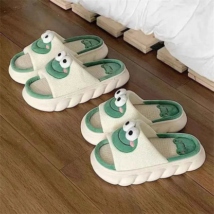 Frog Linen Slippers – Warm Indoor Home Slides with Thick Sole Anti-Slip for Women & Couples