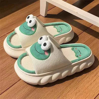Frog Linen Slippers – Warm Indoor Home Slides with Thick Sole Anti-Slip for Women & Couples