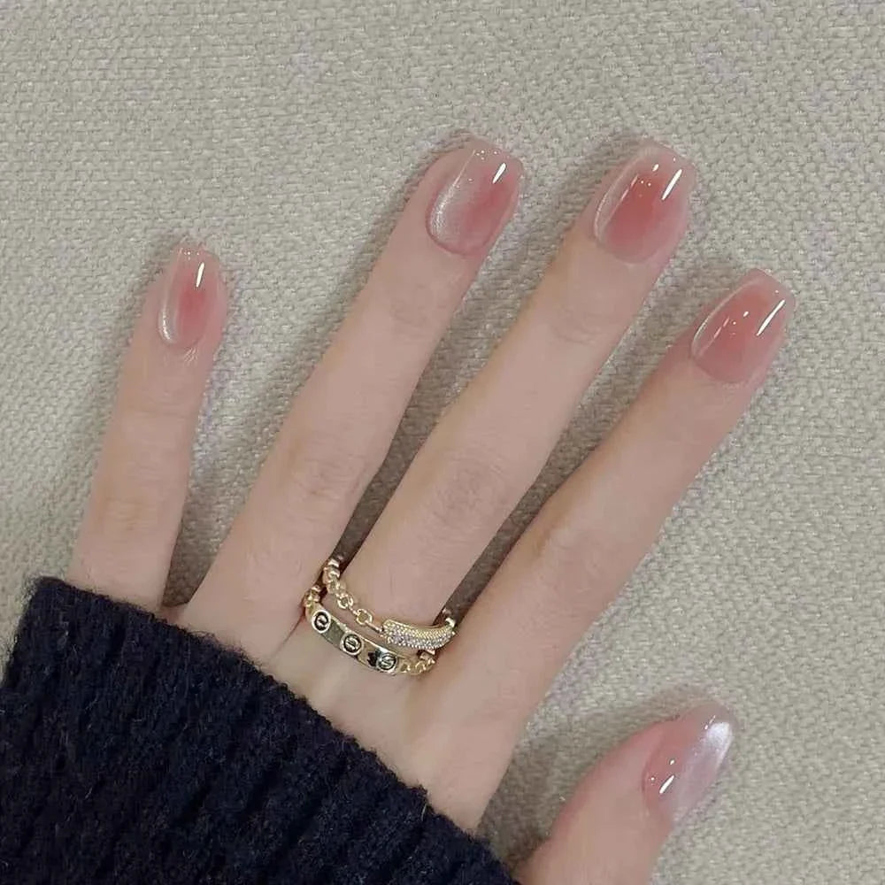 24pc Short Square Coffin Press On Nails - Glitter Diamond Blush Pink Cat Eye