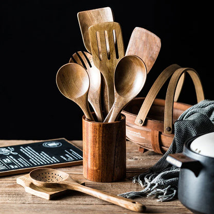 9PCS Wooden Spoons For Cooking, Wooden Utensils For Cooking With Utensils Holder, Teak Wooden Kitchen Utensils Set
