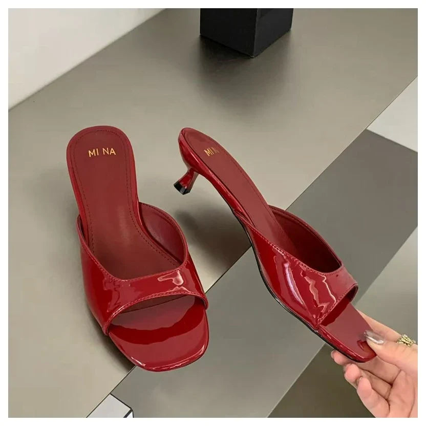 2026 Fashion Sexy Thin High Heels Slides Women Open Toe Pumps Slip Sandal Female Slippers Mule Patent Leather Outdoor Flip Flops