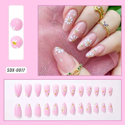 24pc Short Square French Press On Nails - White & Pink Flower Design