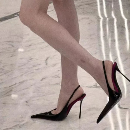 2026 Fashion Non-Slip Wear-Resistant High Heels Women's Pointed Toe Patent Leather Slip-On Sandals