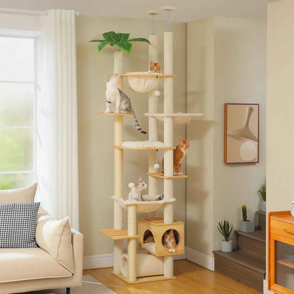 Floor to Ceiling Cat Tree – Adjustable Wooden Tower with Hammock & Sisal Scratching Posts