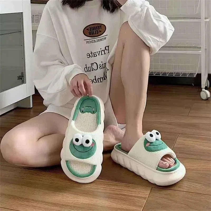 Frog Linen Slippers – Warm Indoor Home Slides with Thick Sole Anti-Slip for Women & Couples