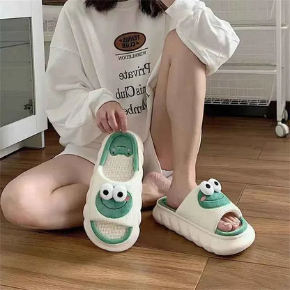 Frog Linen Slippers – Warm Indoor Home Slides with Thick Sole Anti-Slip for Women & Couples