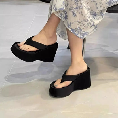 Women Slippers Height Increase Thick Soled Flip Flops Women's Summer Outside Pinch Feet Slippers Women Wedge Heel Sandals