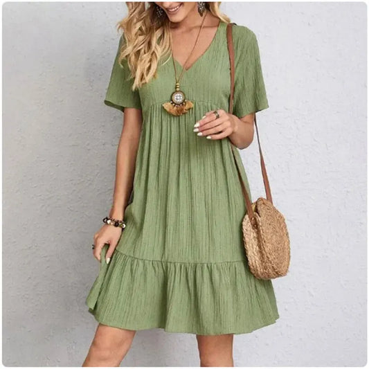 Vestidos de verano peplum para mujer, primavera, cuello en V, manga corta, cintura suelta, volantes, corte A, vestidos vocacionales