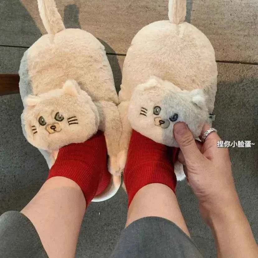 Cuddly Hug Cat Slippers Women Winter Home Fur Slides Kawaii