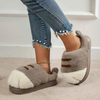 3D Cat Paw Plush Slippers – Cute Furry Warm Slip-On Indoor House Shoes for Women & Couples