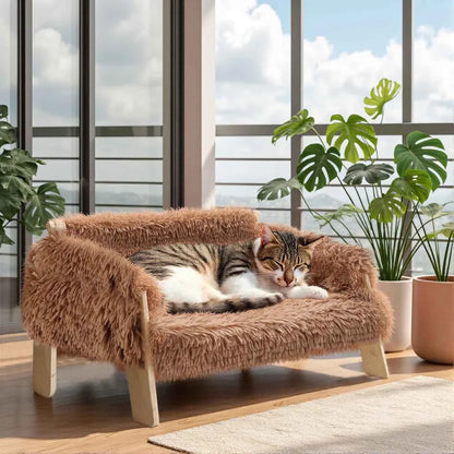 Raised Cat Sofa Bed with Wooden Legs – Plush Pet Couch for Cats and Small Dogs
