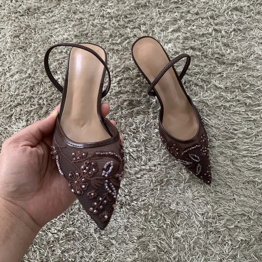2026 String Bead Mesh Embroider Slingback High Heels Women Sexy Pointed Toe Heeled Sandals Summer Elegant Luxury Designer Shoes