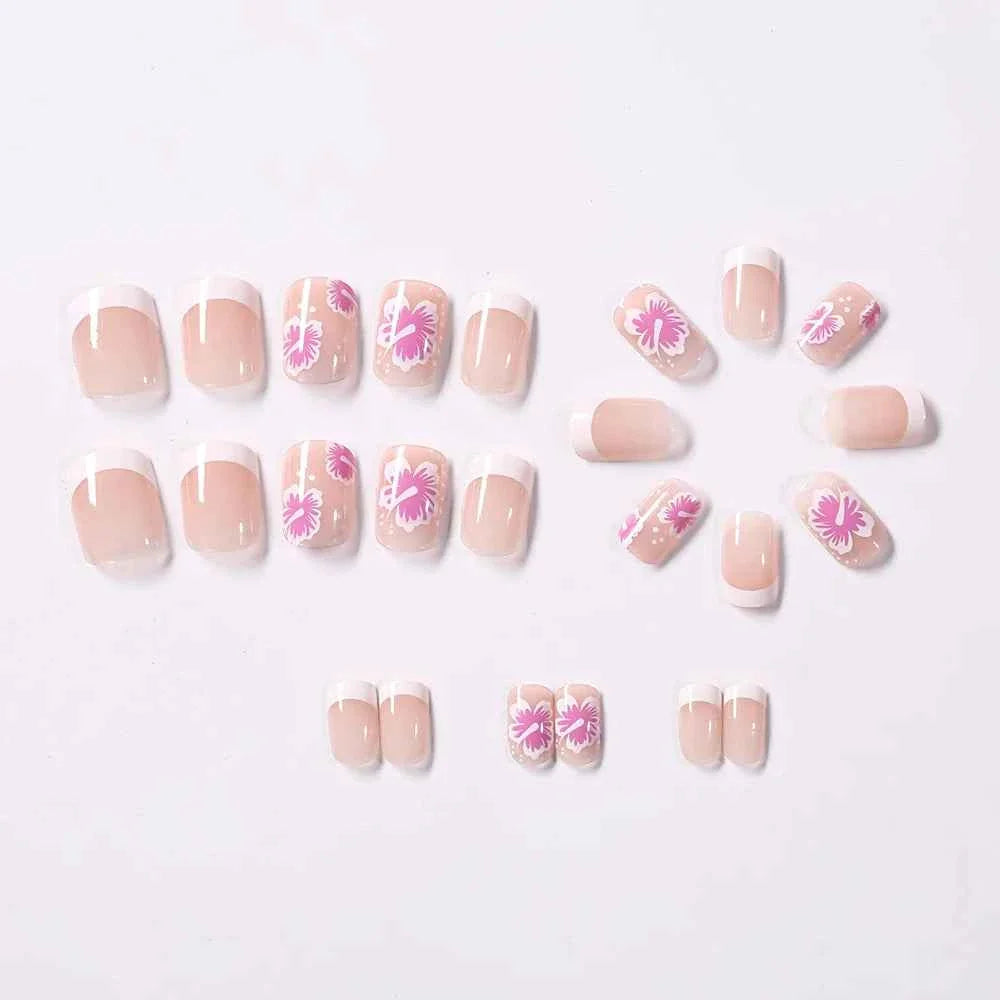 24pc Short Square French Press On Nails - White & Pink Flower Design
