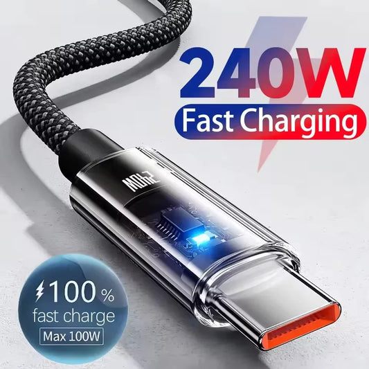 Cable de datos de carga súper rápida USB C PD de nailon de 0,25/1/1,5/2 m y 240 W con pantalla LED USB a tipo C, cables de datos de carga rápida nuevos