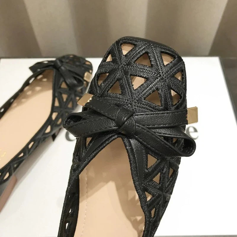 New French Style Bow Flat Sandals Women Geometric Cut-Out Peep-Toe Breathable Summer Beige Shoes for Dresses, Office and Casual