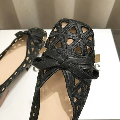 New French Style Bow Flat Sandals Women Geometric Cut-Out Peep-Toe Breathable Summer Beige Shoes for Dresses, Office and Casual