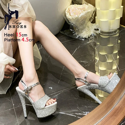 Women Platform 15CM High Heels 2025 New Luxury Sequin Model Runway Shoes Big Size 34-43 Nightclub Party Summer Glitter Sandals