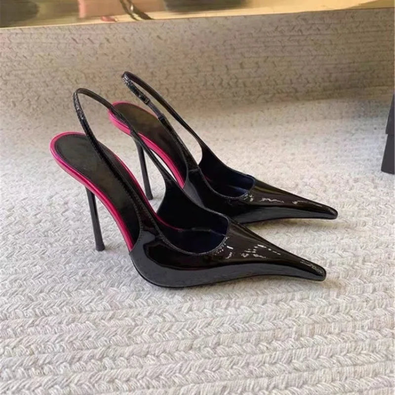 2026 Fashion Non-Slip Wear-Resistant High Heels Women's Pointed Toe Patent Leather Slip-On Sandals