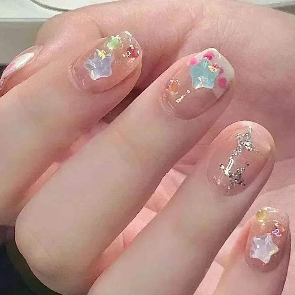 24pc Short Square Coffin Press On Nails - Glitter Diamond Blush Pink Cat Eye