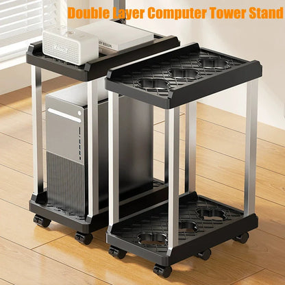 Double Layer PC Tower Stand, Mobile CPU Case Base with Universal Wheels, Heightening Storage Support Bracket for Computer Host