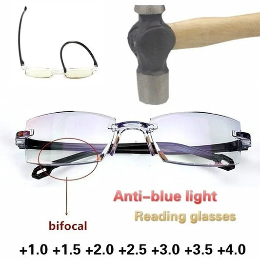 2 pares de gafas de lectura sin montura para hombre y mujer, con luz azul, bifocales, de lejos y de cerca, para presbicia, +150 +200