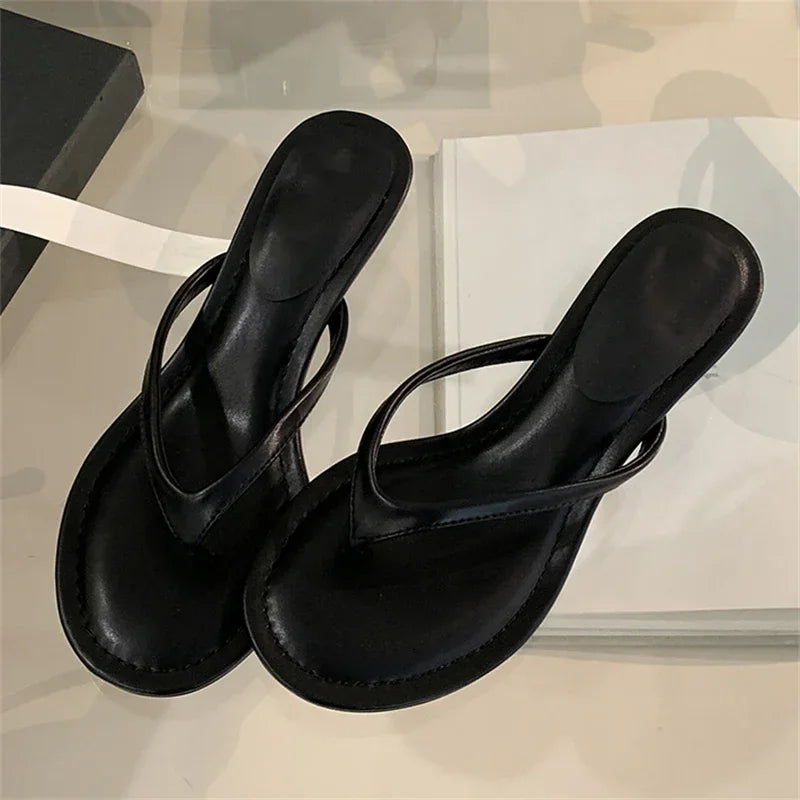 Aneikeh 2026 Fashion Thin Heels Slippers Women Round Clip Toe Slides Sandals Summer Flip Flops Female Shoes Mules Slides