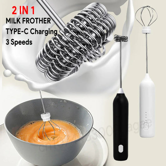 CALIENTE Espumador de leche eléctrico + batidor de huevos Carga inalámbrica tipo C 3 velocidades Mini batidora de espuma de mano Batidor de café Utensilios de cocina
