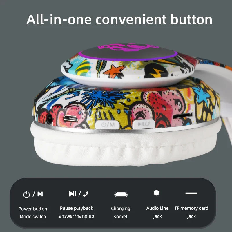 Graffiti Bluetooth Headphones LED Light Game Doodle Wireless Headsets Earphones With Mic For Kids Boy Girl Gift Support TF Card