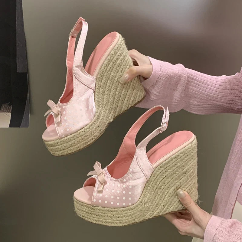 Aneikeh Summer Thick Soled Grass Woven High Heels Casual Retro Roman Sandals Polka Butterfly-kont Wedge Platform Woman Sandals