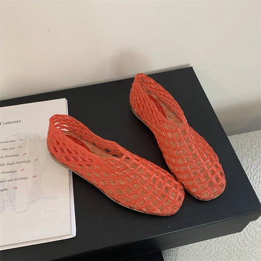 Sandalias planas nuevas de PVC calado transpirables para mujer 2025, de verano, para exterior, tipo Baotou, y sandalias casual de gelatina