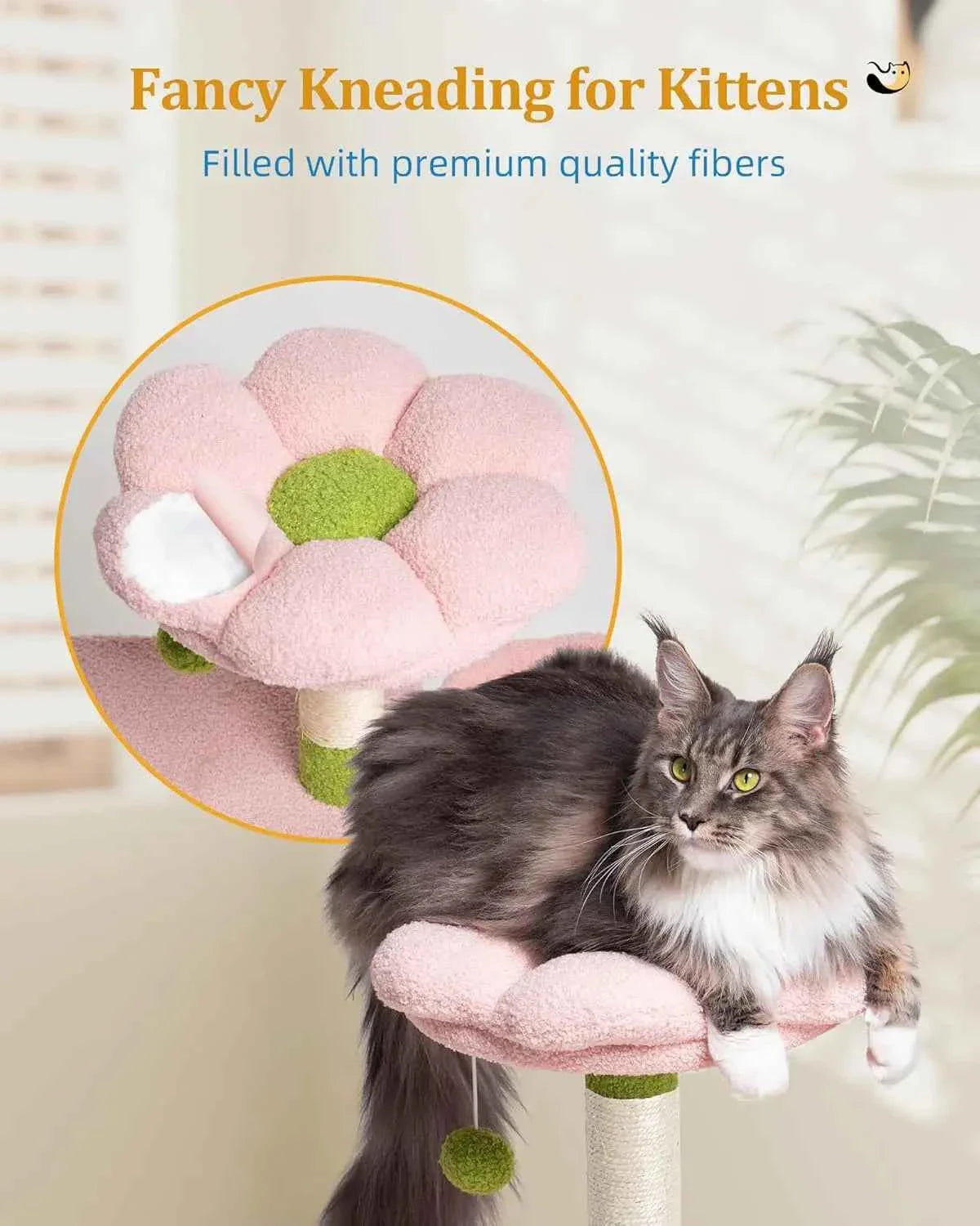 Large Cat Tree with 2-Door Condo – Scratching Posts, Floral Perch & Hammock for Adult Cats (Green/Pink)