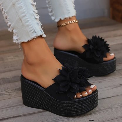 Women Platform Slippers 2024 New Summer Beach Wedges Sandals Fashion Flower Casual Slippers Women High Heel Slippers Women