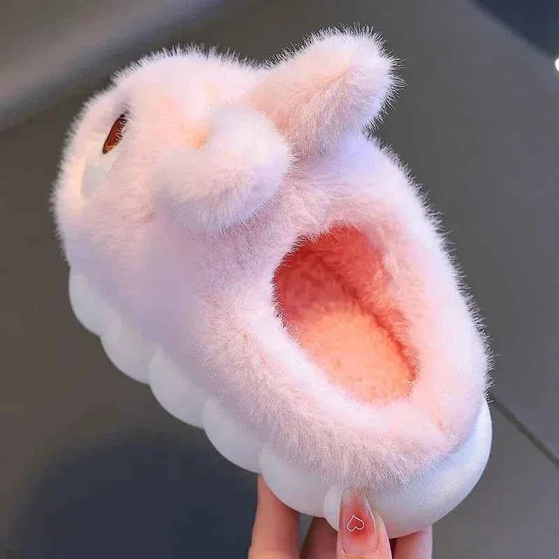 Kids Big-Eyed Rabbit Slippers – Cute Waterproof Warm Plush Indoor Shoes for Boys & Girls