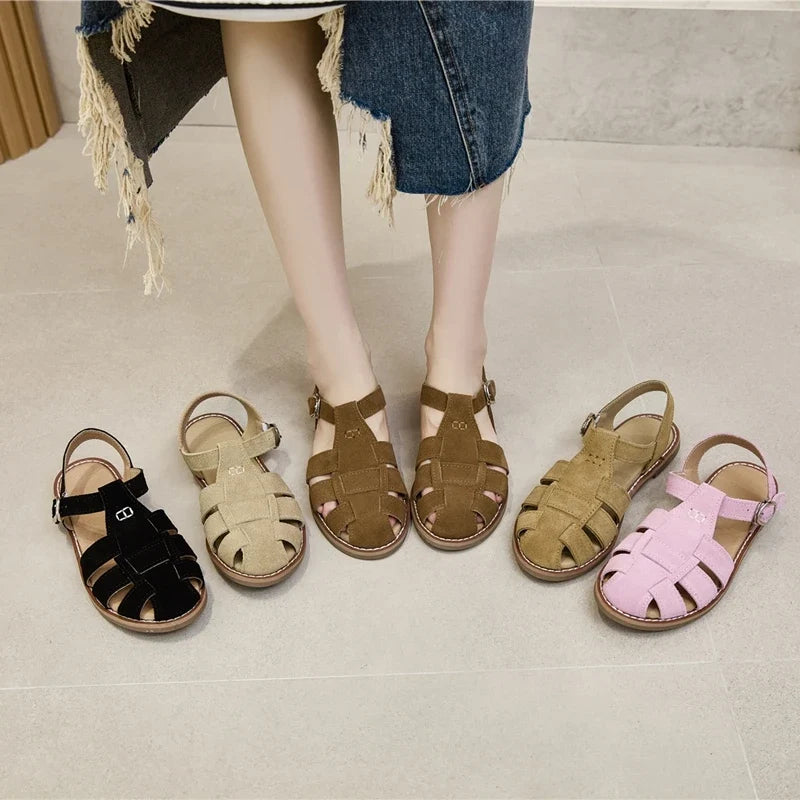 AIYUQI Flat-soled Retro Genuine Leather Hollow Baotou Sandals Women's 2026 New Hollow Pig Cage Women's Sandals