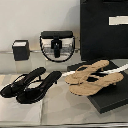 Aneikeh 2026 Fashion Thin Heels Slippers Women Round Clip Toe Slides Sandals Summer Flip Flops Female Shoes Mules Slides