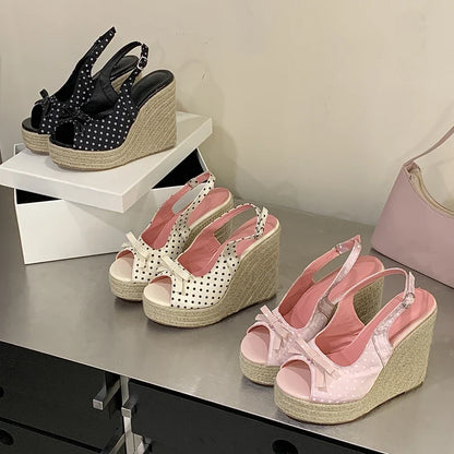 Aneikeh Summer Thick Soled Grass Woven High Heels Casual Retro Roman Sandals Polka Butterfly-kont Wedge Platform Woman Sandals