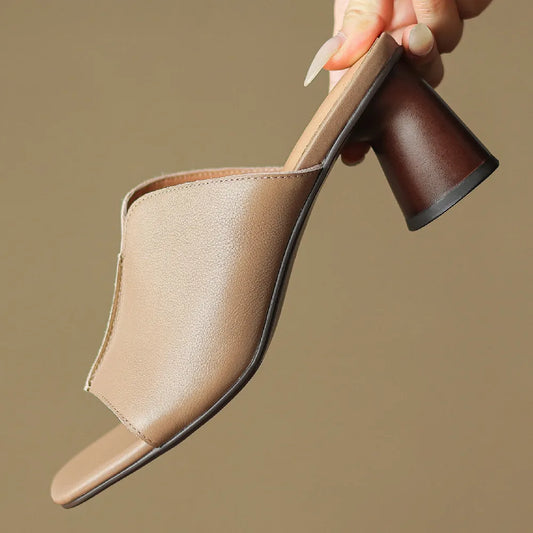 Zapatos de tacón alto de piel de vacuno de 6 cm para mujer, con punta abierta, estilo mules, elegantes, suaves, cómodos, sandalias de verano, pantuflas, zapatos calientes
