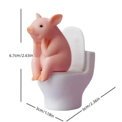 Adorable Pink Pig on Toilet Figurine - Whimsical PVC Decor