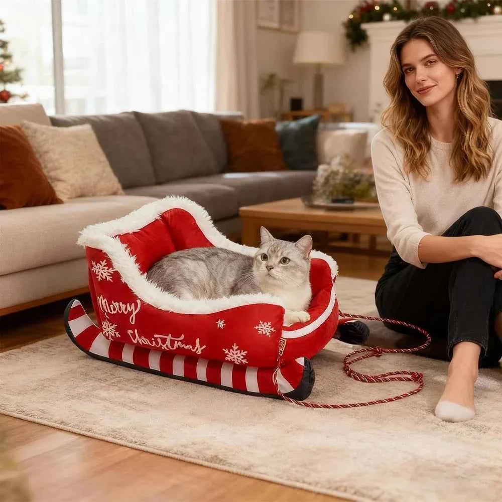 Christmas Sleigh Pet Bed – Removable Washable Plush Sofa with Non-Slip Base