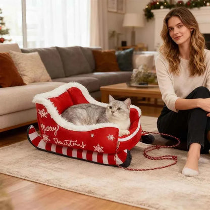 Christmas Sleigh Pet Bed – Removable Washable Plush Sofa with Non-Slip Base