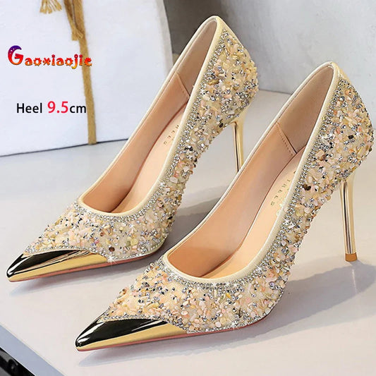 Zapatos de Tacón Alto Albaricoque Cristal Brillante de 9.5cm para Mujer, Tacones Finos, Bombas de Punta Metálica para Dama, Zapatos de Fiesta de Tacón de Aguja sin Cordones