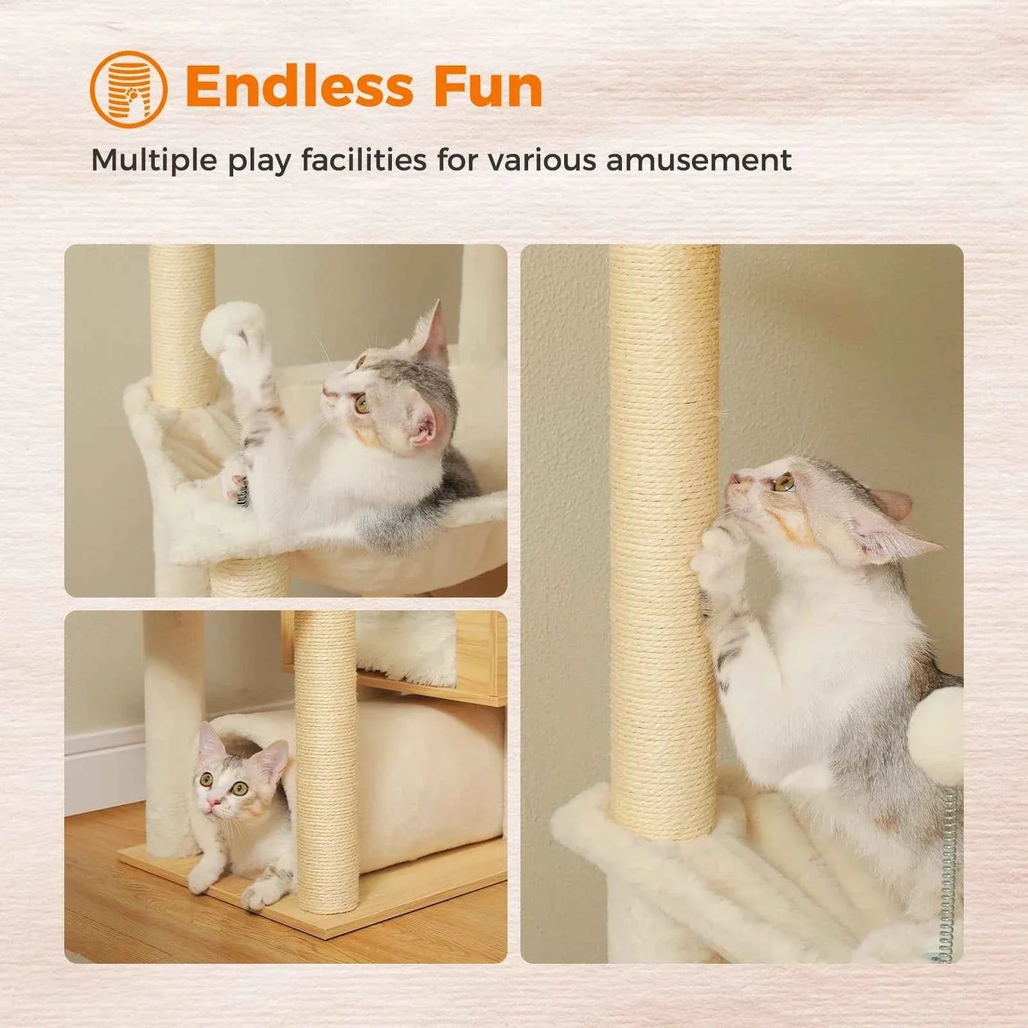 Floor to Ceiling Cat Tree – Adjustable Wooden Tower with Hammock & Sisal Scratching Posts