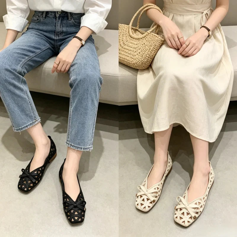 New French Style Bow Flat Sandals Women Geometric Cut-Out Peep-Toe Breathable Summer Beige Shoes for Dresses, Office and Casual
