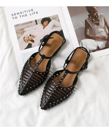 ZAROY Designer Narrow Band Flat Sandals Women Summer Point Toe Ankle Buckle Hollow Roman Sandal Plus Size Casual Beach Sandalias