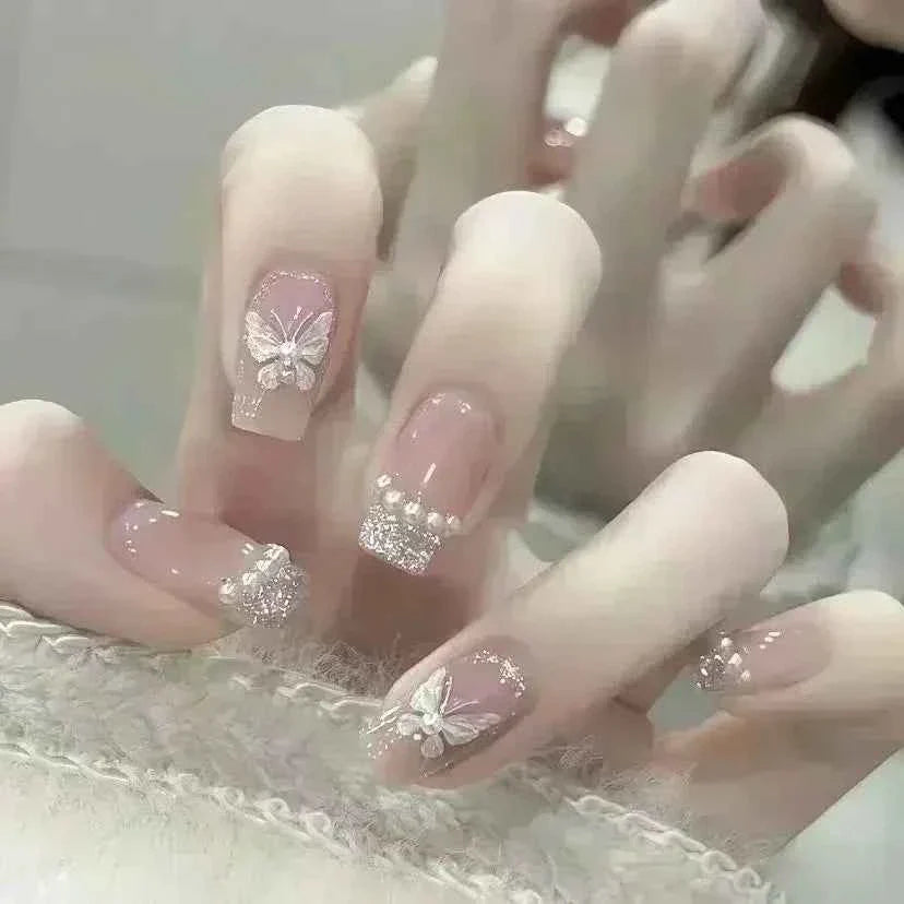 24pc Short Square Coffin Press On Nails - Glitter Diamond Blush Pink Cat Eye