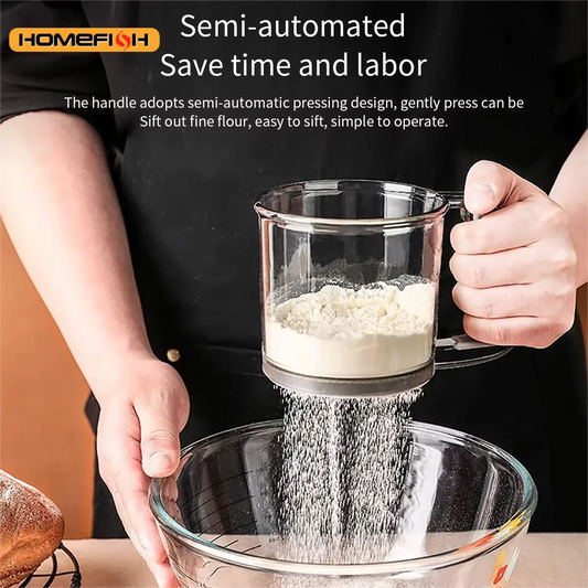 HOMEFISH Tamiz de harina para hornear pasteles, tamiz semiautomático de 40 mallas, tamiz de harina con escala de capacidad