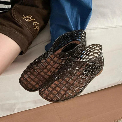 Women's New Flat Sandals with Hollow Transparent Color Mesh Jelly Shoes Woman Daily Walking Flats Plus Size 41 Soft PVC Footwear