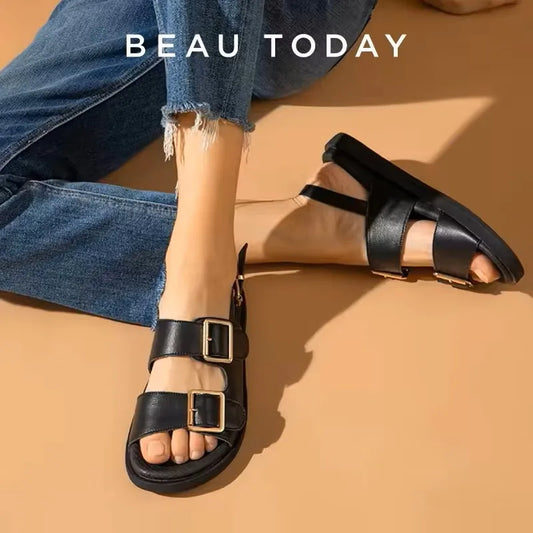 BeauToday Sandalias casuales para mujer, cuero genuino, hebilla de metal en el tobillo, correa, verano, playa, tacón bajo, zapatos deportivos, hechos a mano 38128