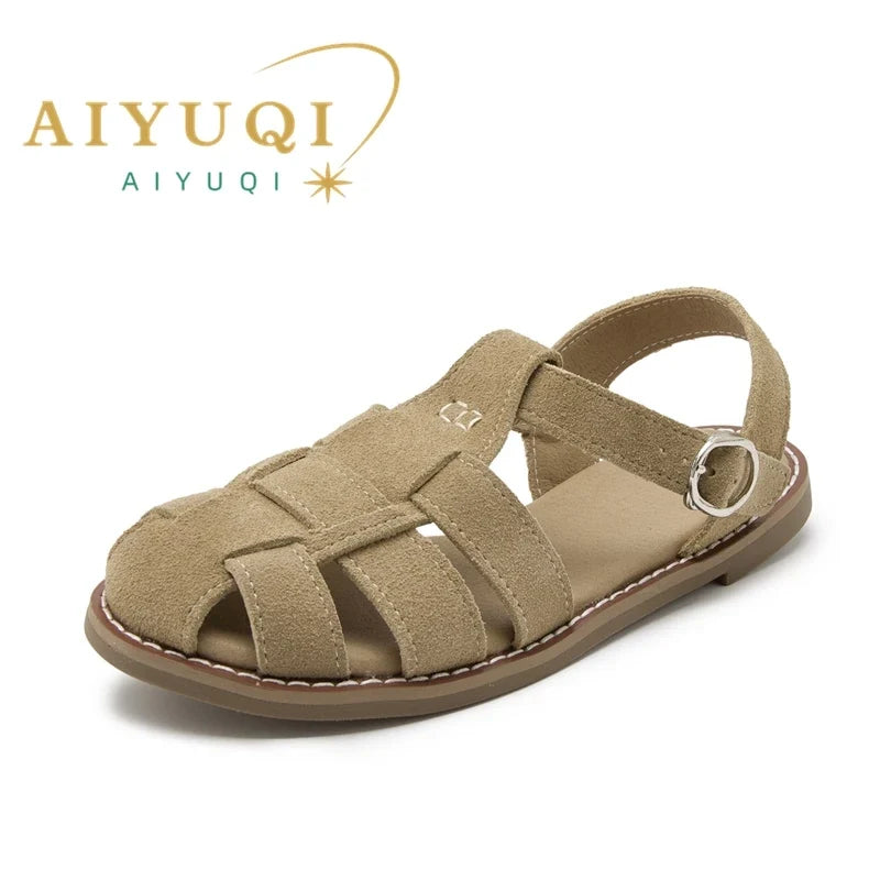 AIYUQI Flat-soled Retro Genuine Leather Hollow Baotou Sandals Women's 2026 New Hollow Pig Cage Women's Sandals