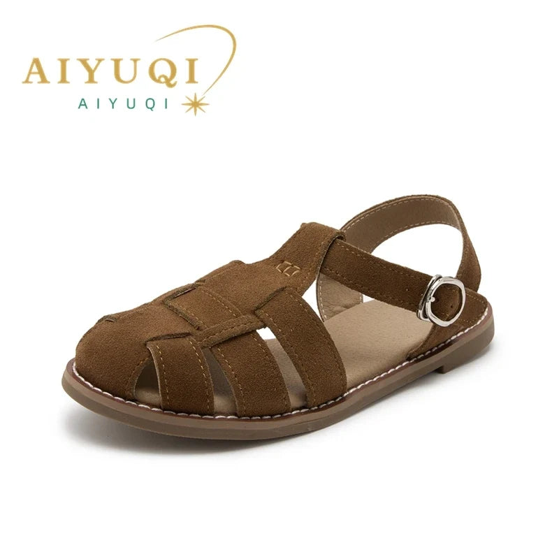 AIYUQI Flat-soled Retro Genuine Leather Hollow Baotou Sandals Women's 2026 New Hollow Pig Cage Women's Sandals